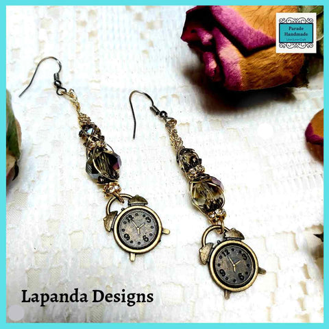 Steampunk Alarm Clock Earrings with Crystal and Wire Detail, Sterling Silver Hooks, by Lapanda Designs - Parade Handmade