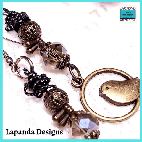 Steampunk Little Bird Earrings with Crystal and Wire Detail, by Lapanda Designs - Parade Handmade