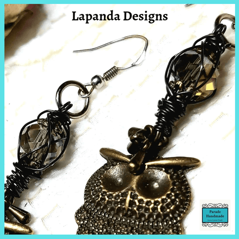 Steampunk Owl Earrings with Crystal and Wire Detail, Bronze, Sterling Silver Hooks, by Lapanda Designs - Parade Handmade