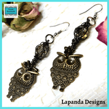 Steampunk Owl Earrings with Crystal and Wire Detail, Bronze, Sterling Silver Hooks, by Lapanda Designs - Parade Handmade
