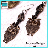 Steampunk Owl Earrings with Crystal and Wire Detail, Bronze, Sterling Silver Hooks, by Lapanda Designs - Parade Handmade