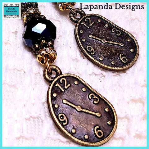 Steampunk Dali Clock Earrings with Crystal and Wire Detail, Sterling Silver Hooks, by Lapanda Designs - Parade Handmade