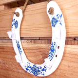 Recycled Horseshoe Key Rack in White with Blue Floral Design 14 x 13cm by Liffey Forge - Parade Handmade