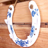 Recycled Horseshoe Key Rack in White with Blue Floral Design 14 x 13cm by Liffey Forge - Parade Handmade