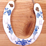 Recycled Horseshoe Key Rack in White with Blue Floral Design 14 x 13cm by Liffey Forge - Parade Handmade