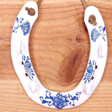 Recycled Horseshoe Key Rack in White with Blue Floral Design 14 x 13cm by Liffey Forge - Parade Handmade