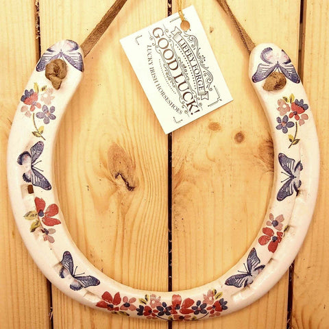 Recycled Horseshoe with Flowers and Blue Butterfly Decoupage Pattern and Fact Sheet 17 x 16cm by Liffey Forge - Parade Handmade