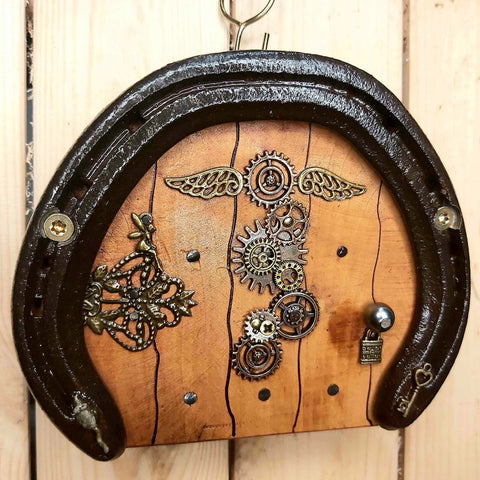 Steampunk Horseshoe Fairy Door, 12 x 14 cm with Mouse, Key and Fact Sheet, by Liffey Forge - Parade Handmade