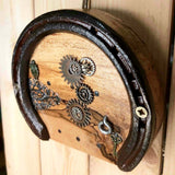 Steampunk Lucky Horseshoe Fairy Door with Owl Key and Cogs 12 x 13.5 cm by Liffey Forge - Parade Handmade