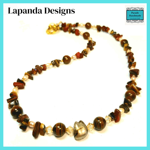 Tigers Eye Necklace with Baroque Pearl and Crystal by Lapanda Designs - Parade Handmade