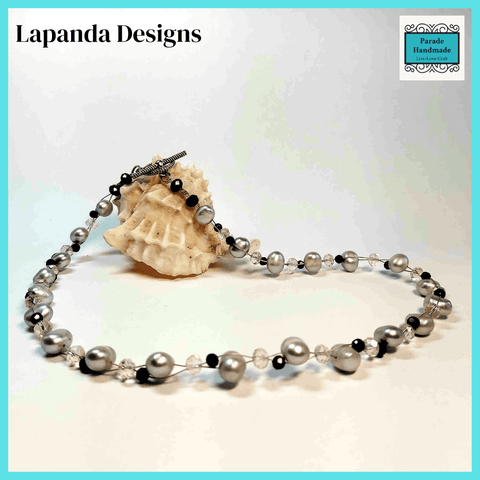 Grey Pearl Necklace with Black and Pink Crystal Detail by Lapanda Designs - Parade Handmade