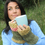 Aran Style Wrist Warmers in Varied Green Peach and Yellow, By Bridie Murray - Parade Handmade
