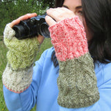 Aran Style Wrist Warmers in Varied Green White and Yellow, By Bridie Murray - Parade Handmade Co Mayo Ireland
