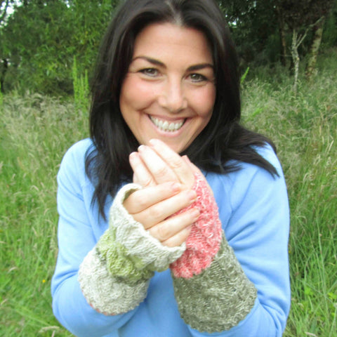 Aran Style Wrist Warmers in Varied Green White and Yellow, By Bridie Murray - Parade Handmade