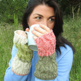 Aran Style Wrist Warmers in Varied Green White and Yellow, By Bridie Murray - Parade Handmade Ireland