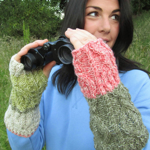 Aran Wristwarmers in Peach Cream and Green, By Bridie Murray - Parade Handmade