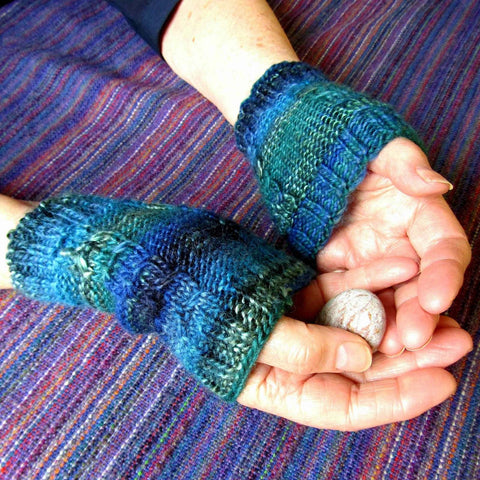 Blue and Green Aran Wrist Warmers - Soft Seamless - 60% Wool - M - By Shoreline - Parade Handmade