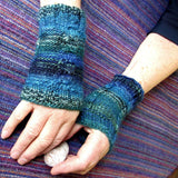 Blue and Green Aran Wrist Warmers - Soft Seamless - 60% Wool - M - By Shoreline - Parade Handmade Co Mayo Ireland