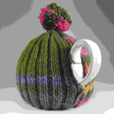 Bobble-Hat Tea Cosy, Moss green. Multi-Coloured Stripes, By Shoreline - Parade Handmade