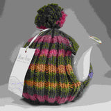 Bobble-Hat Tea Cosy, Moss green. Multi-Coloured Stripes, By Shoreline - Parade Handmade