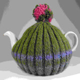 Bobble-Hat Tea Cosy, Moss green. Multi-Coloured Stripes, By Shoreline - Parade Handmade