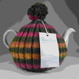 Bobble-Hat Tea Cosy, Moss green. Multi-Coloured Stripes, By Shoreline - Parade Handmade