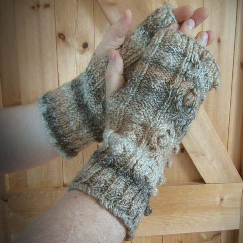 Brown and Beige Handknit Aran Wrist Warmers XL, By Bridie Murray - Parade Handmade