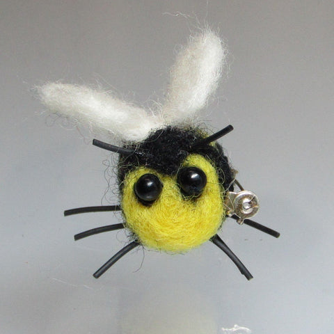 Bumble Bee Felt Wool Brooch, Curly Black Fringe, By Parade Handmade - Parade Handmade