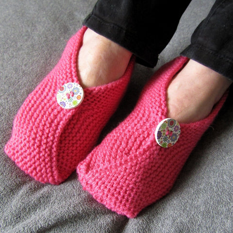 Chinese Style Hot Pink Hand Knitted Slipperettes, By Shoreline - Parade Handmade