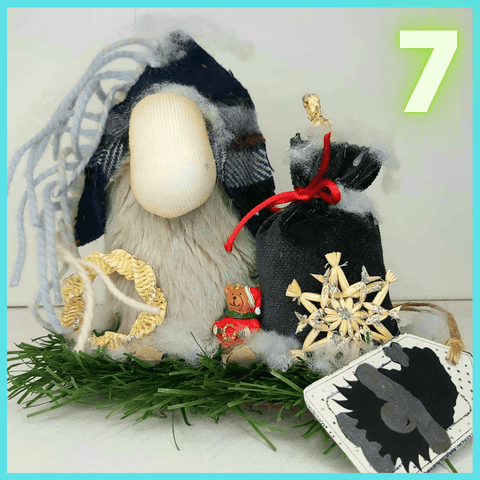 Christmas Gnome made of upholstery remnants and other recyclables, 5"x6" approx - Parade Handmade