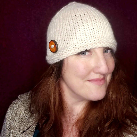 Pure Wool Hand Knitted Beanie with Ceramic Button in Cream - Med - by Shoreline - Parade Handmade