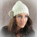 Crocheted Cream Wool Hat. Beige Floral Detail, By Shoreline - Parade Handmade