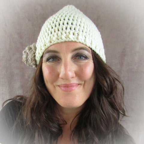 Crocheted Cream Wool Hat. Beige Floral Detail, By Shoreline - Parade Handmade