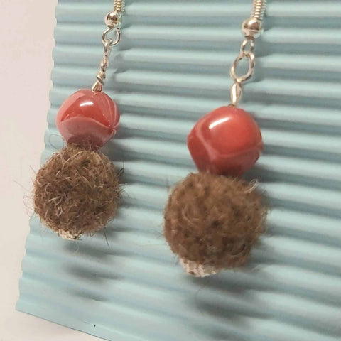 Felt Earring, Brown With Red Glass, By JaDa Crafts Ireland - Parade Handmade