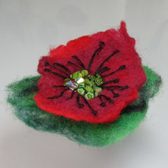 Felt, Floral Beaded Brooch, Green, Red and Black, By Parade Handmade