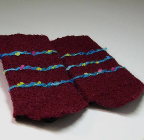 Felt Wrist Warmers, Wine and Turquoise, Flexible and Colourful, By JaDa Crafts Ireland - Parade Handmade