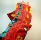 Wrist Warmers in Red, Floral. Parade-Handmade