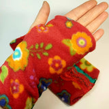 Wrist Warmers in Red, Floral. Parade-Handmade