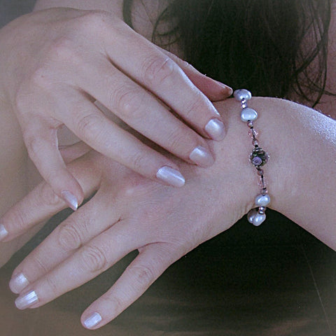 Grey Pearl Bracelet With Black & Pink Crystal, By Lapanda Designs - Parade Handmade