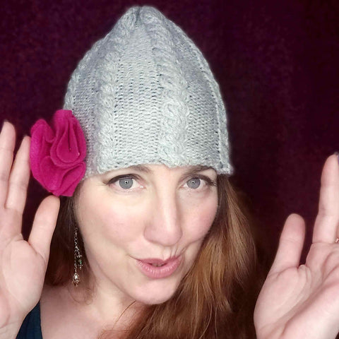 Grey and Cream Pixie Hat with Pink Flower by Shoreline - Parade Handmade