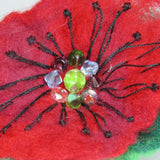 Hand Felted, Floral, Beaded Brooch, in Green, Red and Black , By Parade Handmade - Parade Handmade