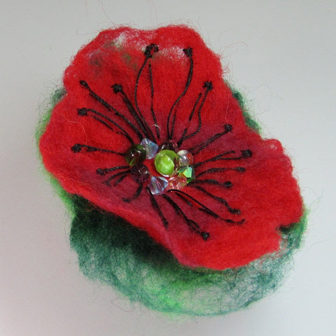 Hand Felted, Floral, Beaded Brooch, in Green, Red and Black , By Parade Handmade - Parade Handmade