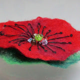 Hand Felted, Floral, Beaded Brooch, in Green, Red and Black , By Parade Handmade - Parade Handmade