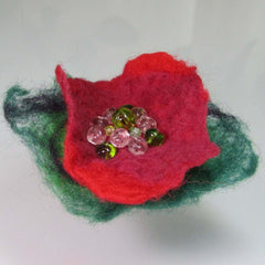 Hand Felted, Floral, Beaded Brooch, in Green and Red , By Parade Handmade
