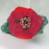 Hand Felted, Floral, Beaded Brooch, in Green and Red , By Parade Handmade - Parade Handmade