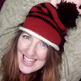 Hand Knitted Beanie in Rusty Red Black and Cream with Bobble - by Shoreline - Parade Handmade Ireland