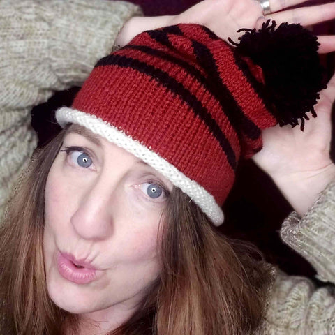 Hand Knitted Beanie in Rusty Red Black and Cream with Bobble - by Shoreline - Parade Handmade Newport