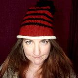 Hand Knitted Beanie in Rusty Red Black and Cream with Bobble - by Shoreline - Parade Handmade Co Mayo