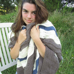 Luxury Throw, Handmade in Mushroom, Denim Blue and Cream Wool, by Jo's Knits