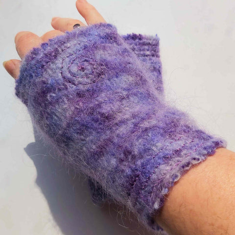Hand knitted felted and stitched mohair wrist warmers in lavender size small by Parade - Parade Handmade